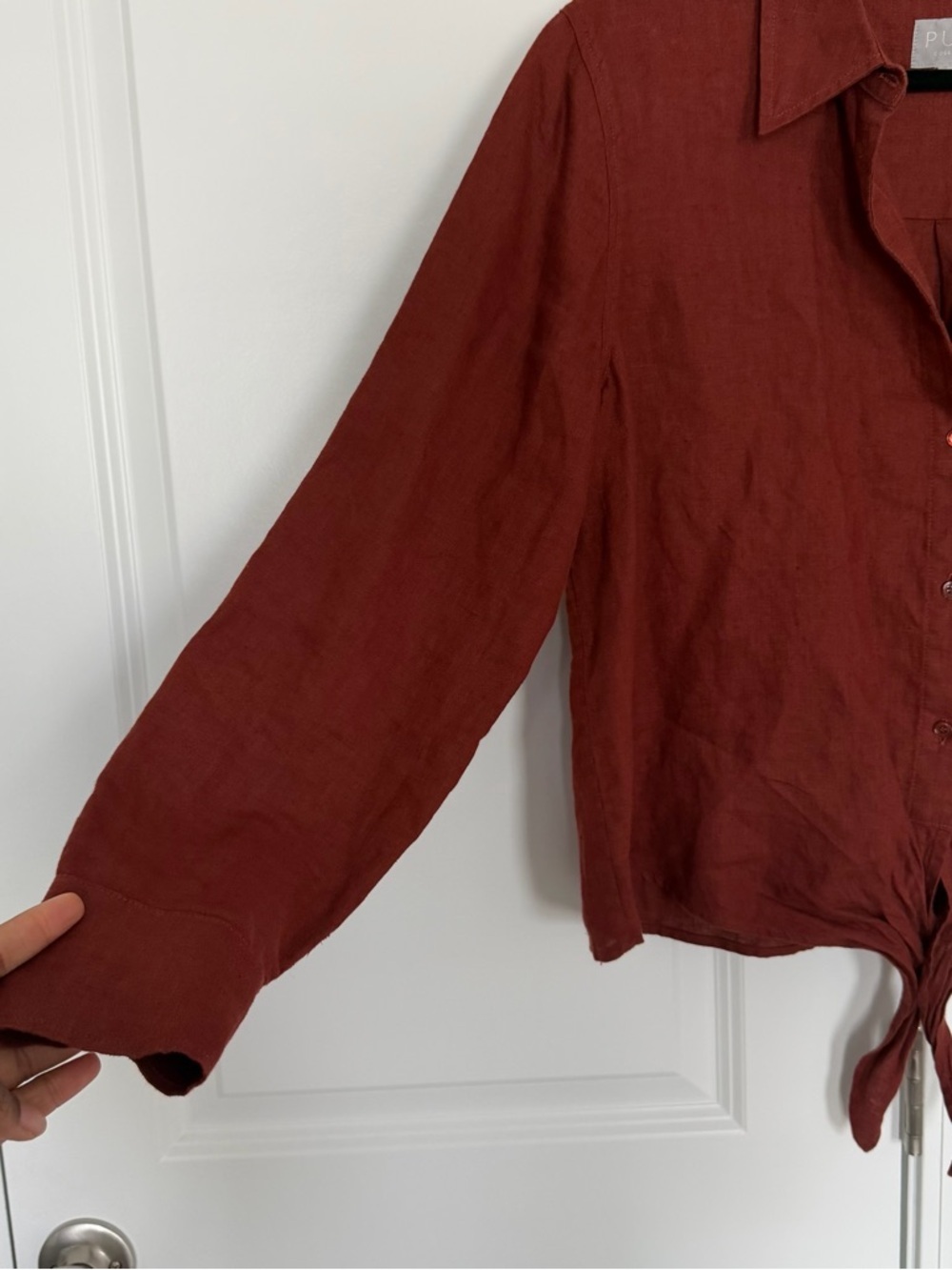 Pure Collection 100% Linen Tie Front Button Down Shirt - Picture 4 of 5